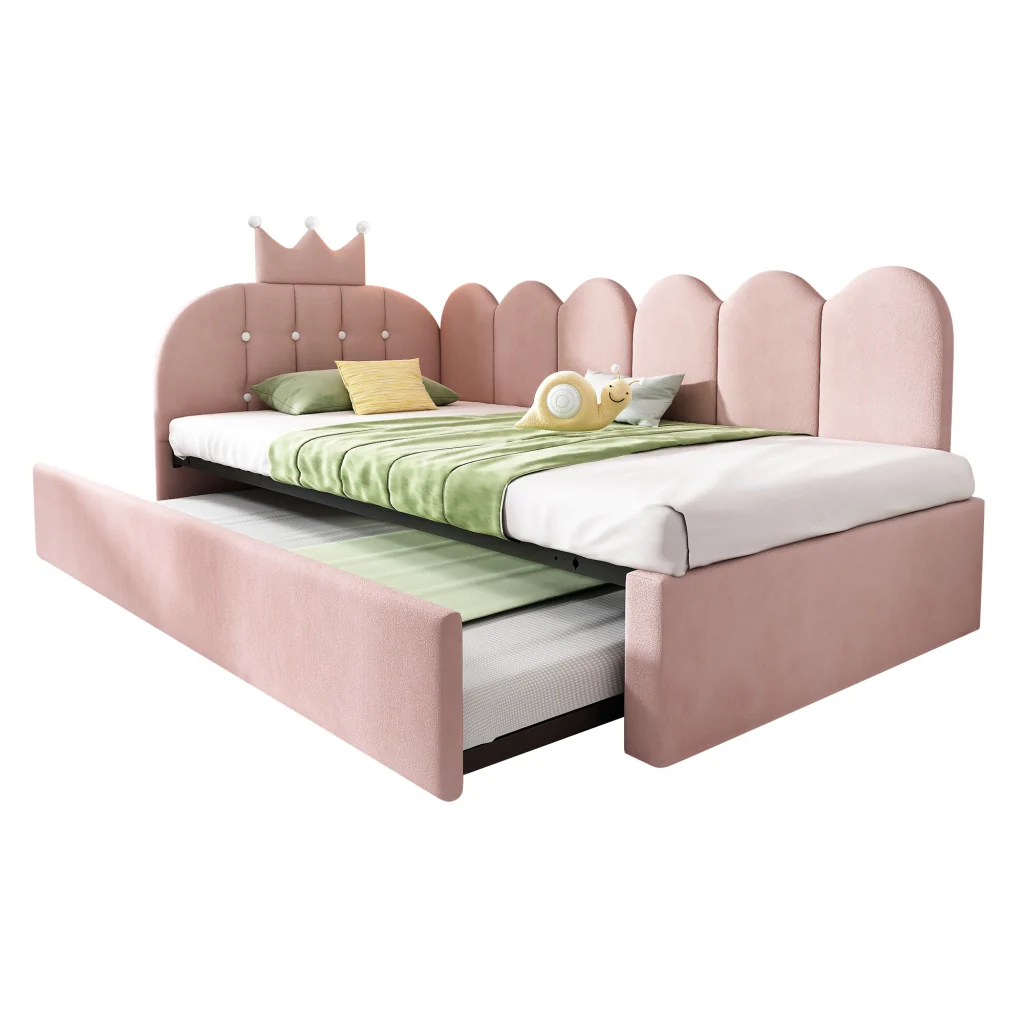 Divano letto 90x200cm con letto extra velluto rosa a forma di L con design a corona risparmia spazio per la stanza dei bambini e gli ospiti (senza materasso) - Image 5