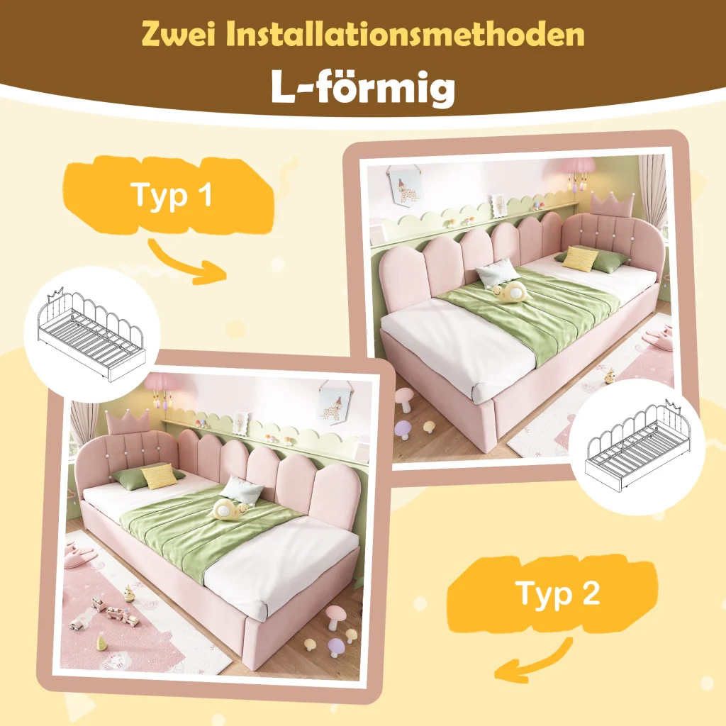 Divano letto 90x200cm con letto extra velluto rosa a forma di L con design a corona risparmia spazio per la stanza dei bambini e gli ospiti (senza materasso) - Image 7