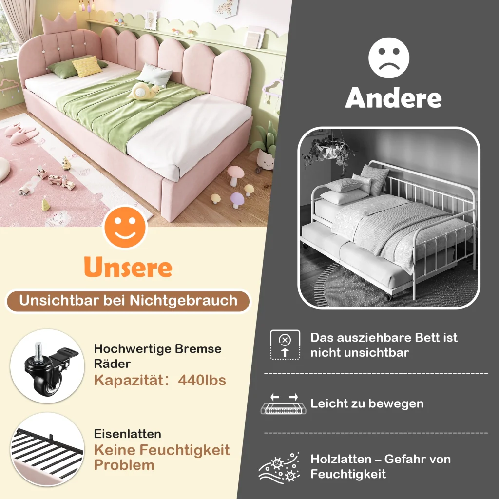 Divano letto 90x200cm con letto extra velluto rosa a forma di L con design a corona risparmia spazio per la stanza dei bambini e gli ospiti (senza materasso) - Image 9