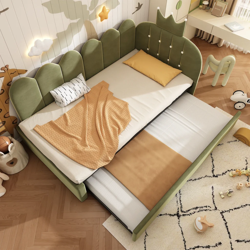 Divano letto 90x200cm con letto extra velluto verde a forma di L design a corona risparmia spazio per la stanza dei bambini e gli ospiti (senza materasso)