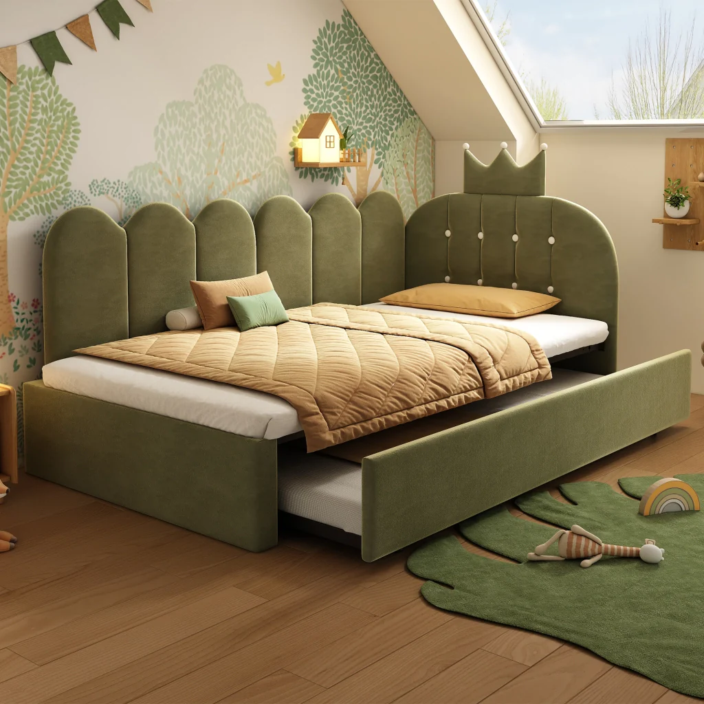Divano letto 90x200cm con letto extra velluto verde a forma di L design a corona risparmia spazio per la stanza dei bambini e gli ospiti (senza materasso) - Image 10