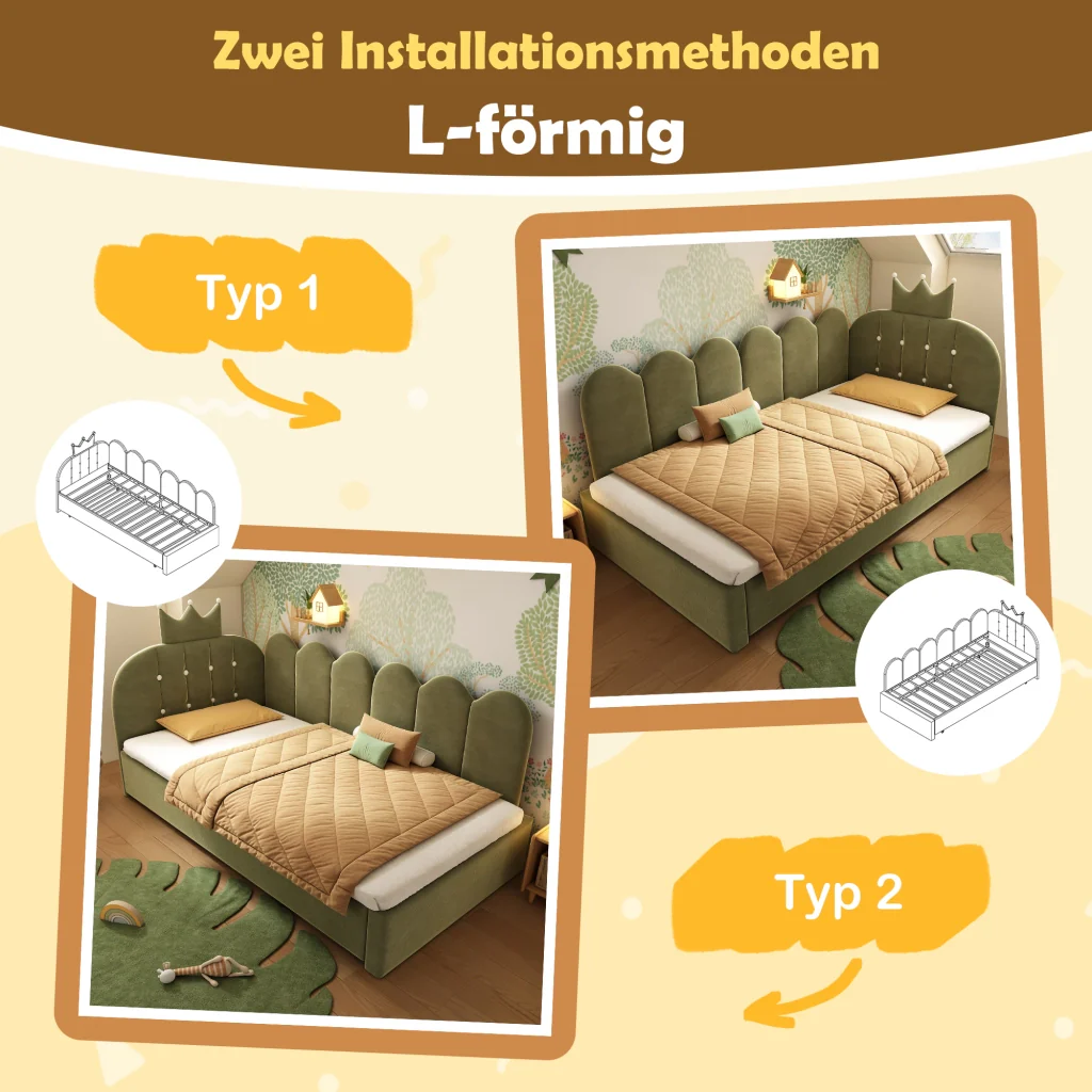 Divano letto 90x200cm con letto extra velluto verde a forma di L design a corona risparmia spazio per la stanza dei bambini e gli ospiti (senza materasso) - Image 7