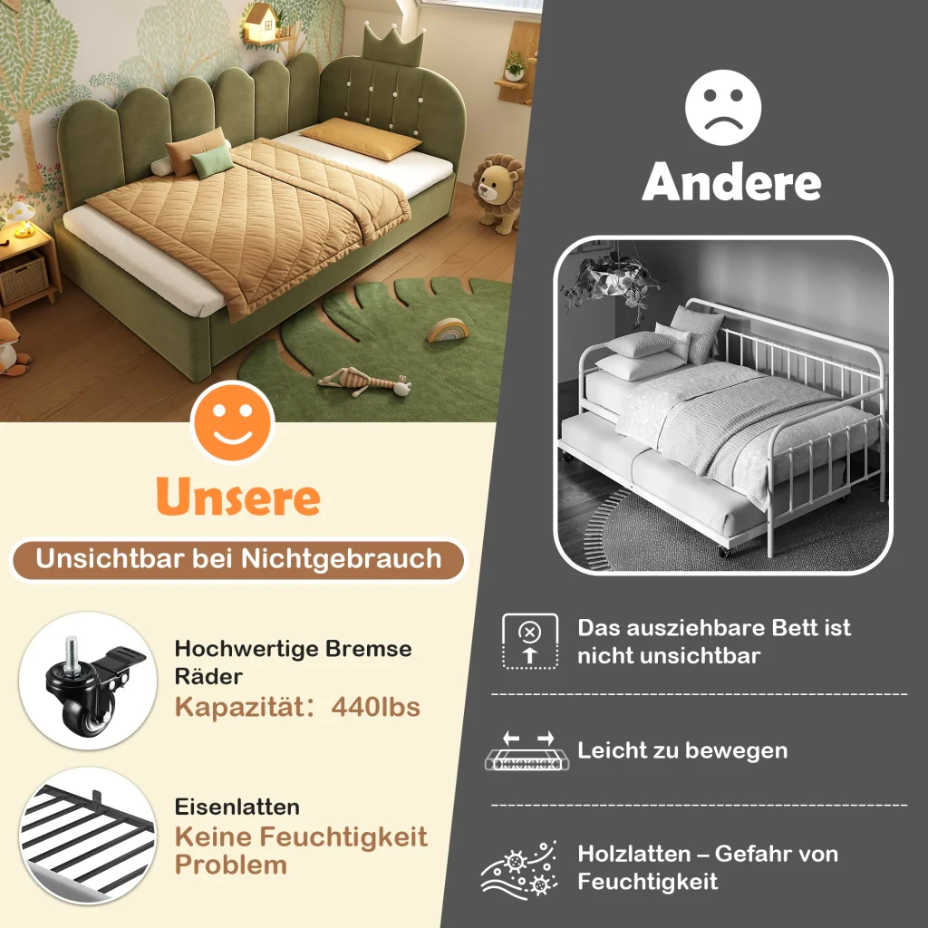 Divano letto 90x200cm con letto extra velluto verde a forma di L design a corona risparmia spazio per la stanza dei bambini e gli ospiti (senza materasso) - Image 8