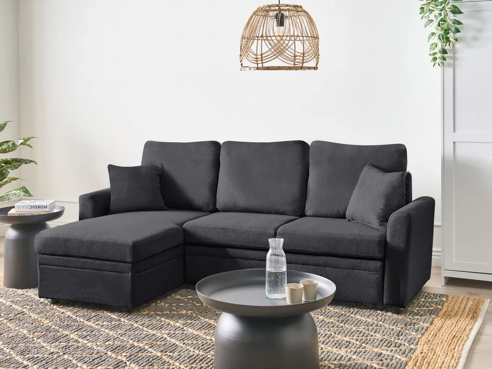Divano letto angolare con contenitore lato destro nero rivestimento in poliestere effetto lino contenitore cuscini design moderno - Image 2