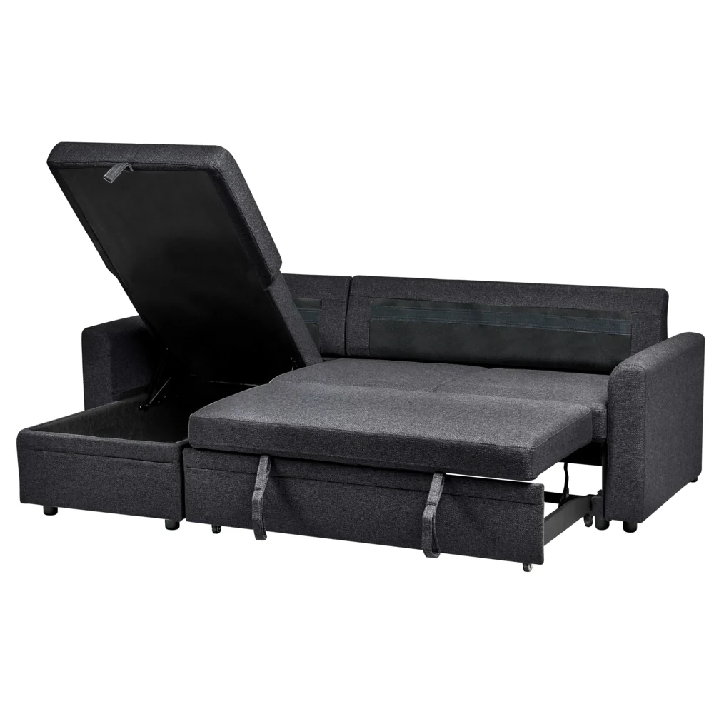 Divano letto angolare con contenitore lato destro nero rivestimento in poliestere effetto lino contenitore cuscini design moderno - Image 4