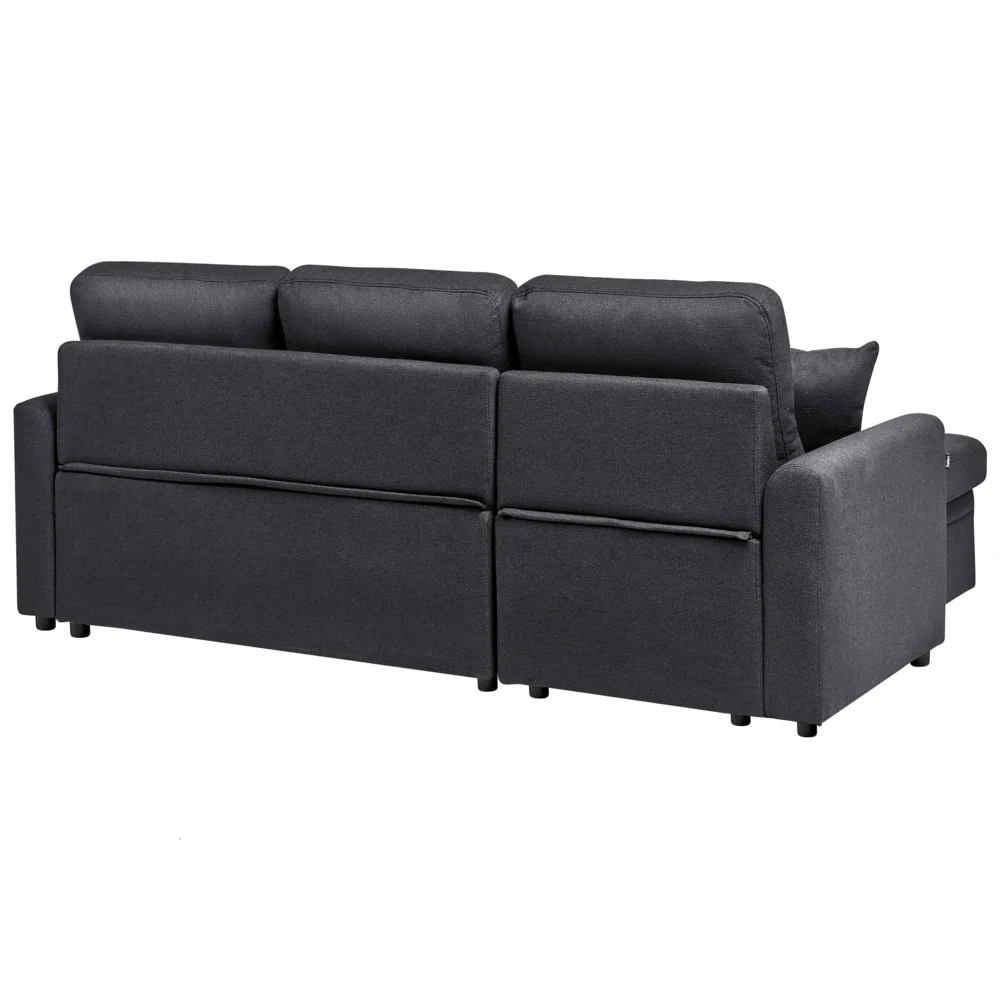 Divano letto angolare con contenitore lato destro nero rivestimento in poliestere effetto lino contenitore cuscini design moderno - Image 5
