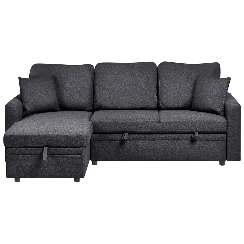 Divano letto angolare con contenitore lato sinistro nero rivestimento in poliestere effetto lino contenitore cuscini design moderno