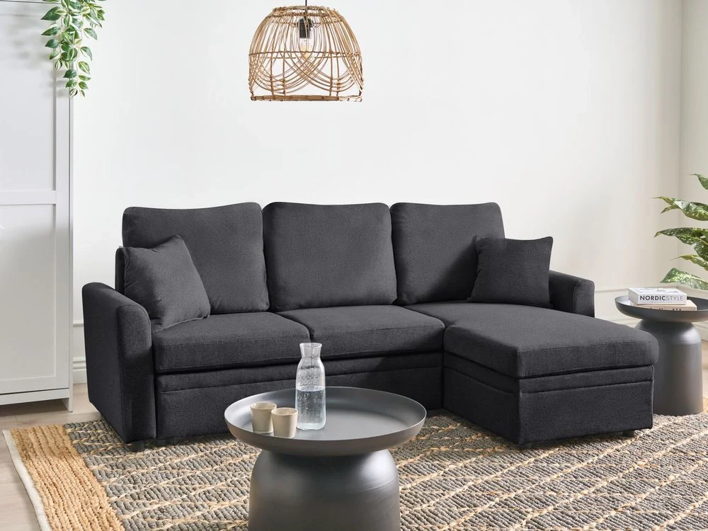 Divano letto angolare con contenitore lato sinistro nero rivestimento in poliestere effetto lino contenitore cuscini design moderno - Image 2