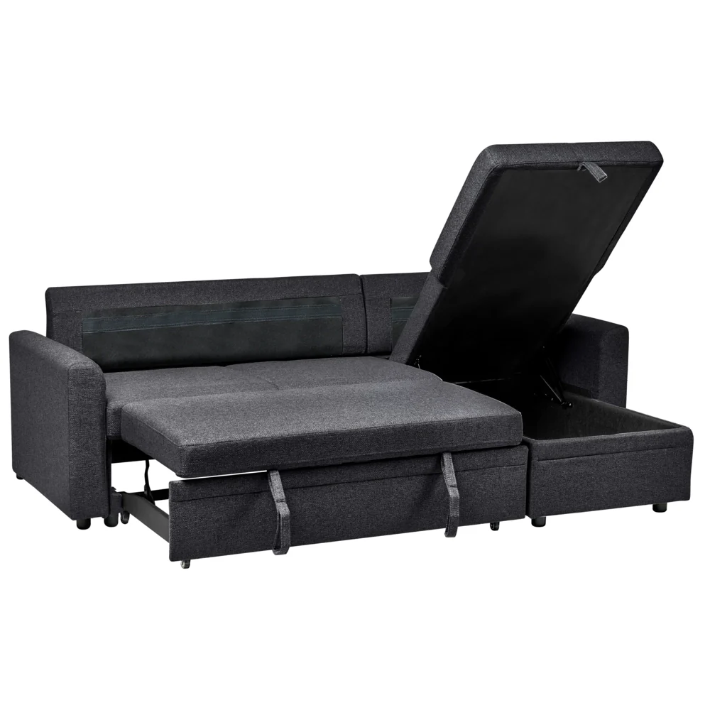 Divano letto angolare con contenitore lato sinistro nero rivestimento in poliestere effetto lino contenitore cuscini design moderno - Image 4
