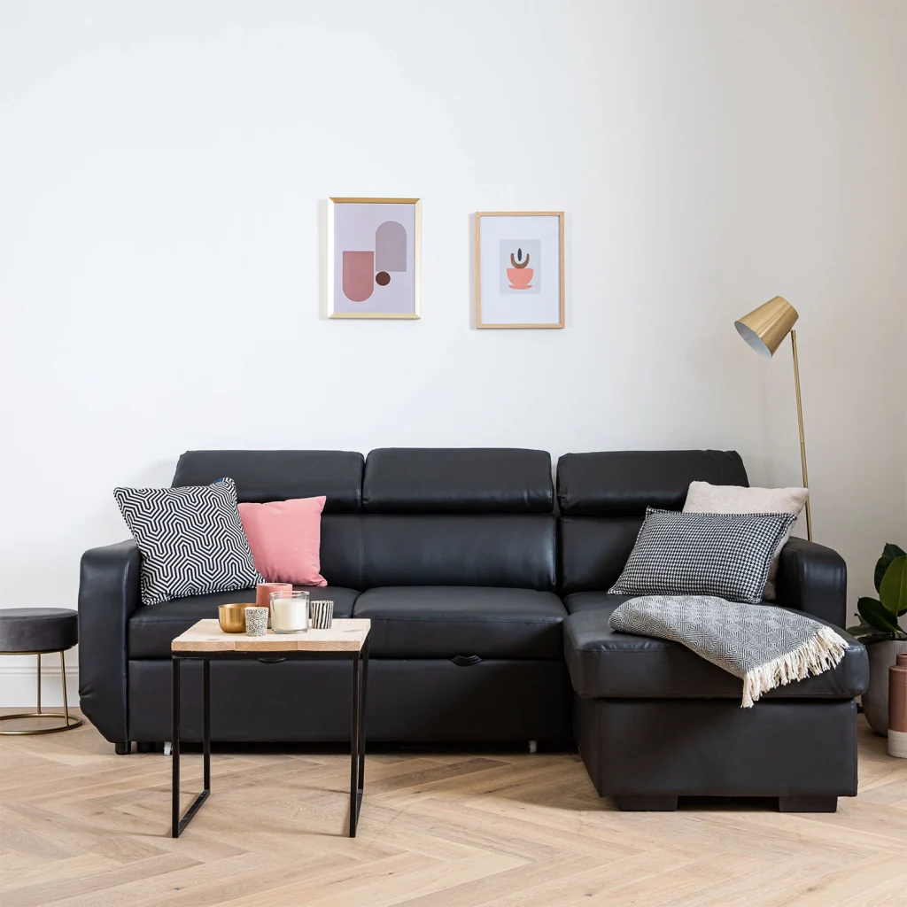 Divano letto angolare WARREN a 3 posti in similpelle nera - Image 2