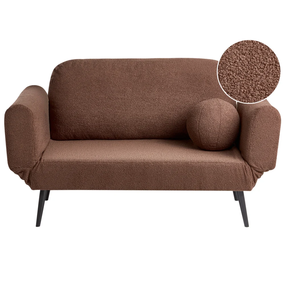 Divano letto con funzione letto cuscino rotondo rivestimento in bouclé gambe in ferro per soggiorno o camera da letto color marrone
