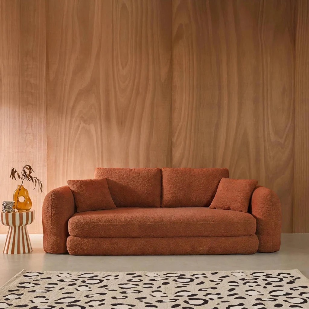 Divano letto in bouclé testurizzato, 3 posti, terracotta - Image 2