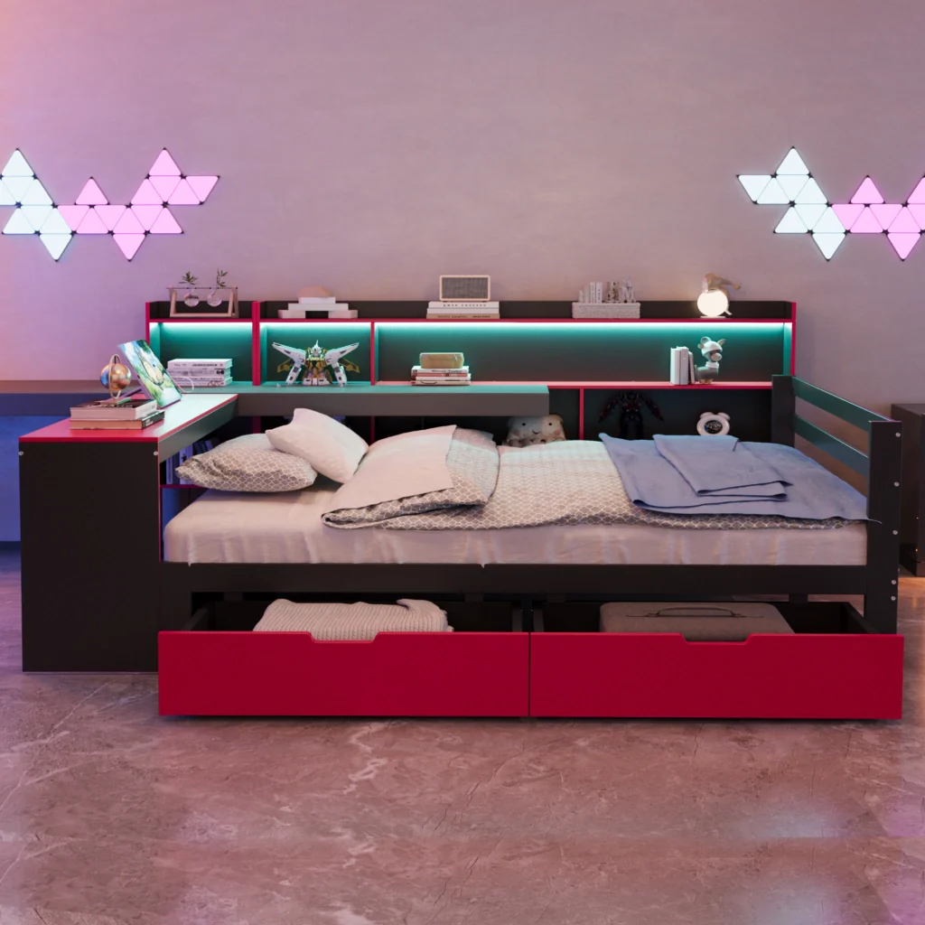 Divano letto in legno 140 x 200 cm nero+rosso scrivania libreria deposito LED prese e cassetti - Image 3