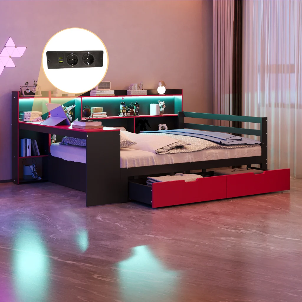 Divano letto in legno 140 x 200 cm nero+rosso scrivania libreria deposito LED prese e cassetti - Image 4