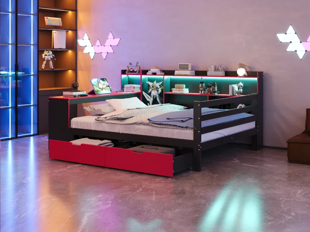 Divano letto in legno 140 x 200 cm nero+rosso scrivania libreria deposito LED prese e cassetti - Image 7