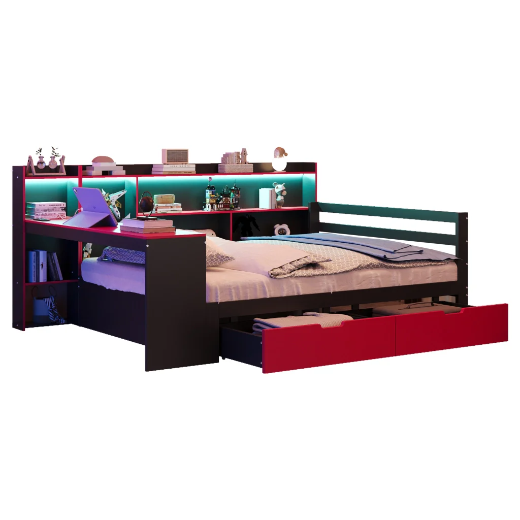 Divano letto in legno 140 x 200 cm nero+rosso scrivania libreria deposito LED prese e cassetti - Image 9