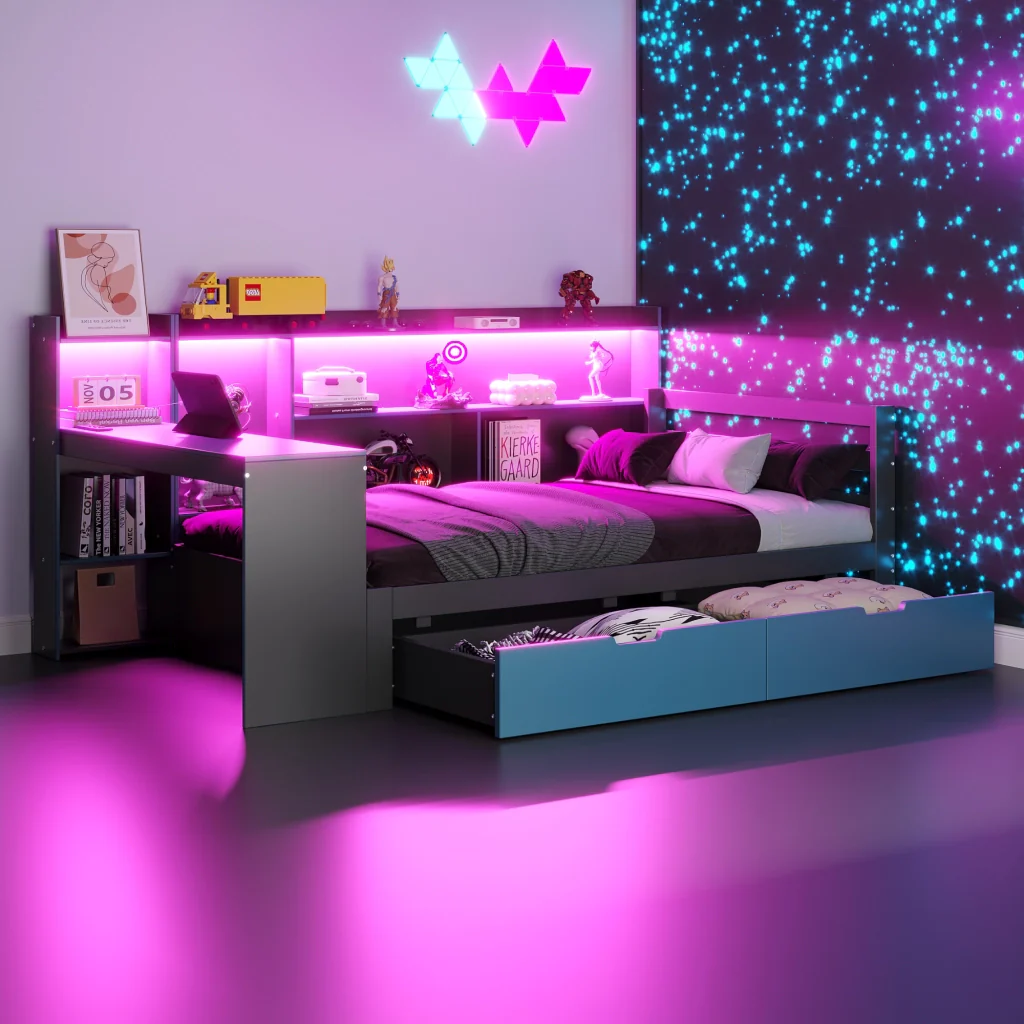 Divano letto in legno 90 x 200 cm nero+blu scrivania libreria deposito LED prese e cassetti multifunzionali