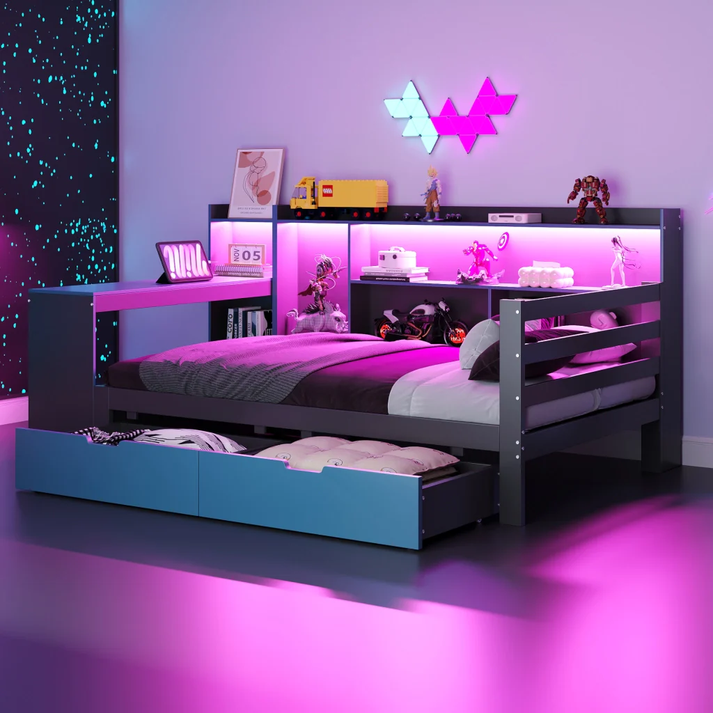 Divano letto in legno 90 x 200 cm nero+blu scrivania libreria deposito LED prese e cassetti multifunzionali - Image 2