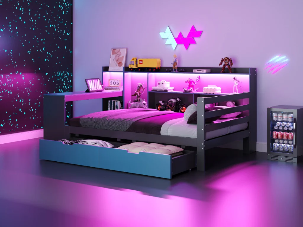 Divano letto in legno 90 x 200 cm nero+blu scrivania libreria deposito LED prese e cassetti multifunzionali - Image 7