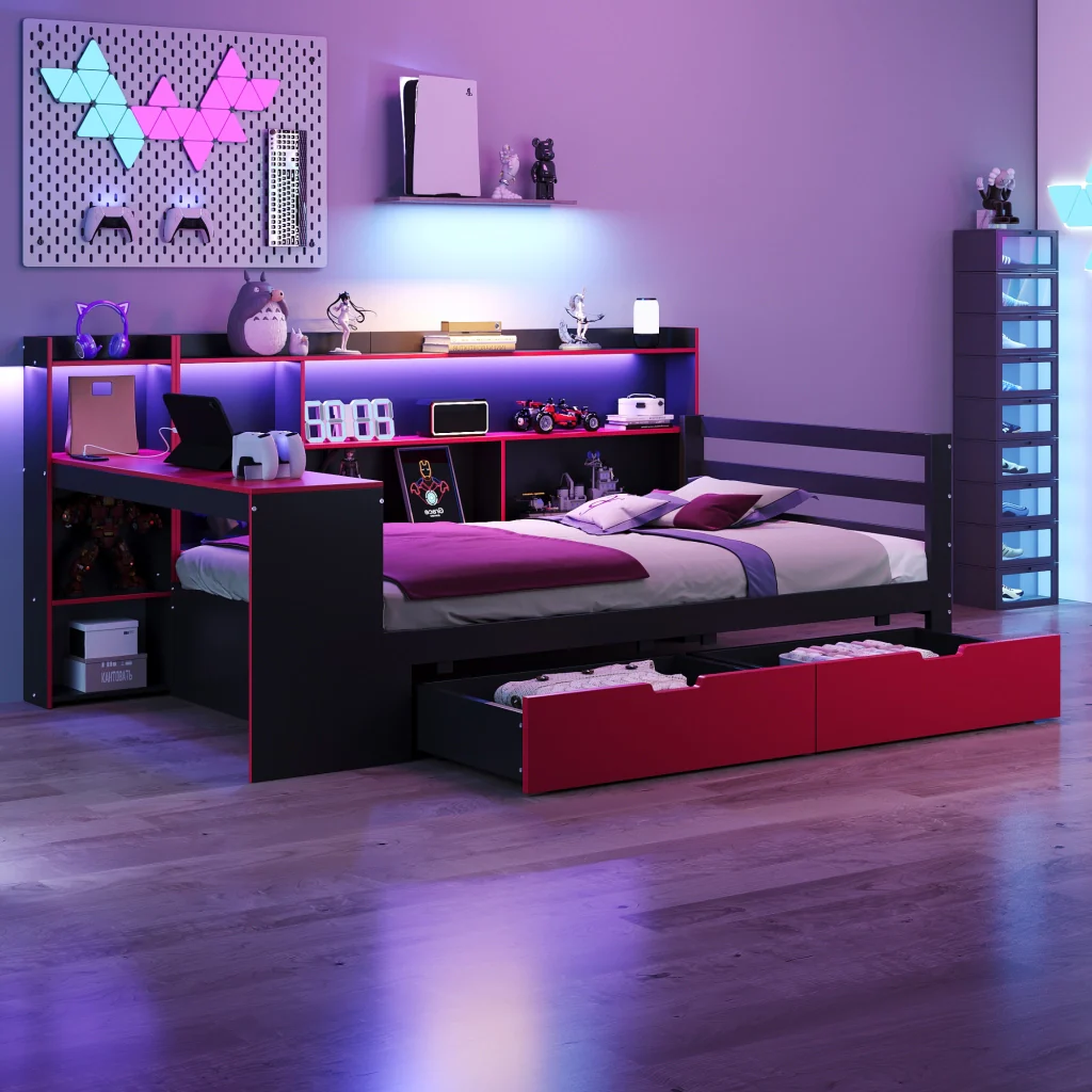 Divano letto in legno 90 x 200 cm nero+rosso scrivania scaffali riporzione illuminazione e prese integrate