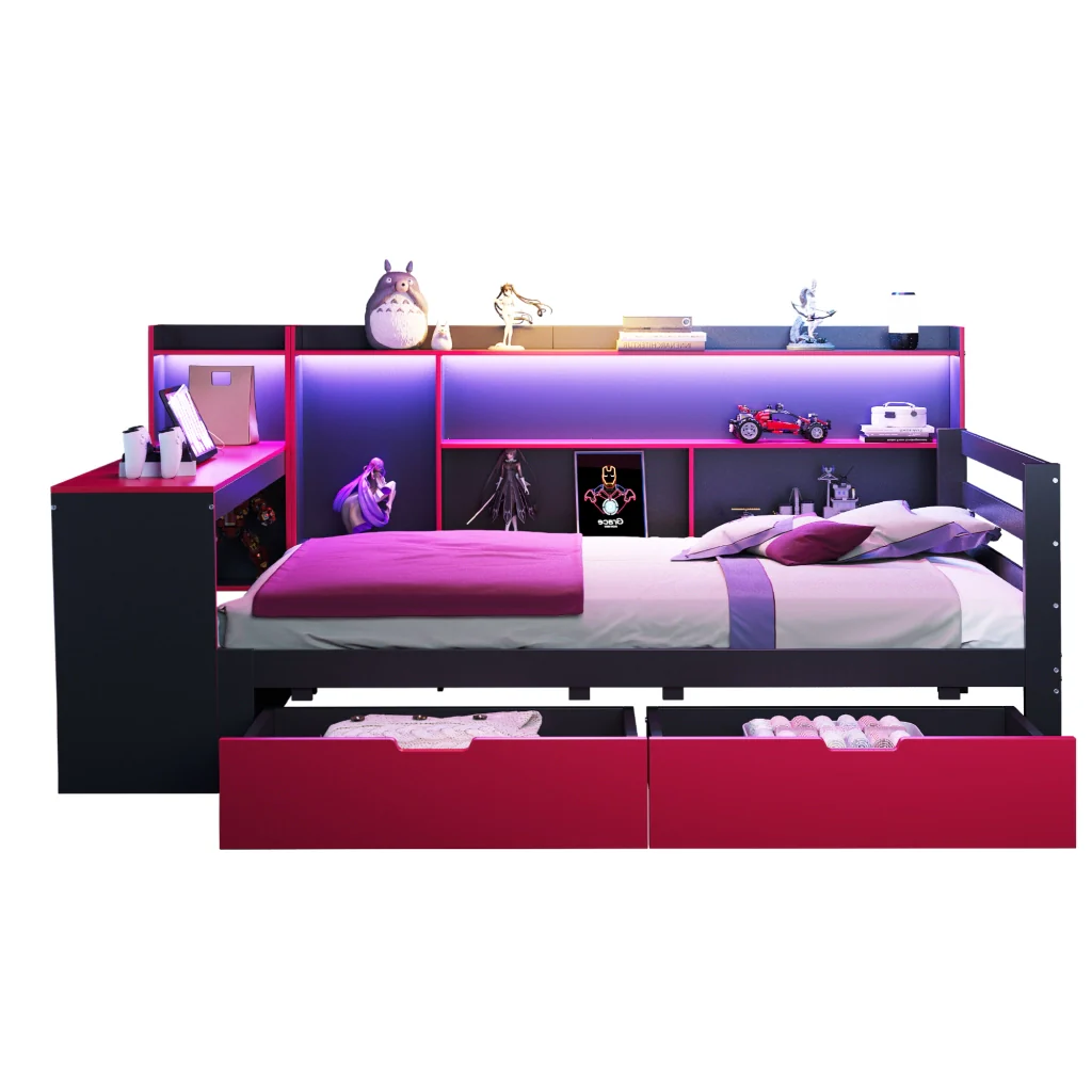 Divano letto in legno 90 x 200 cm nero+rosso scrivania scaffali riporzione illuminazione e prese integrate - Image 10