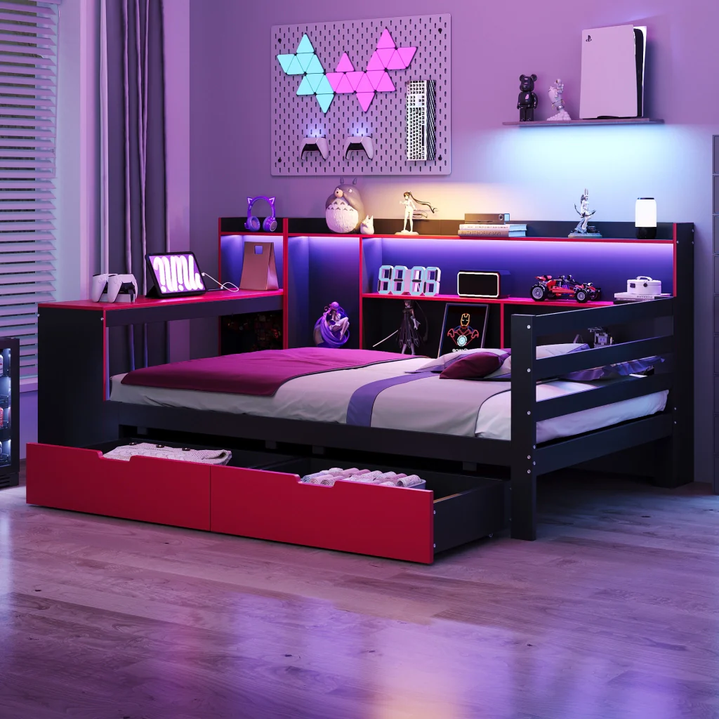 Divano letto in legno 90 x 200 cm nero+rosso scrivania scaffali riporzione illuminazione e prese integrate - Image 2
