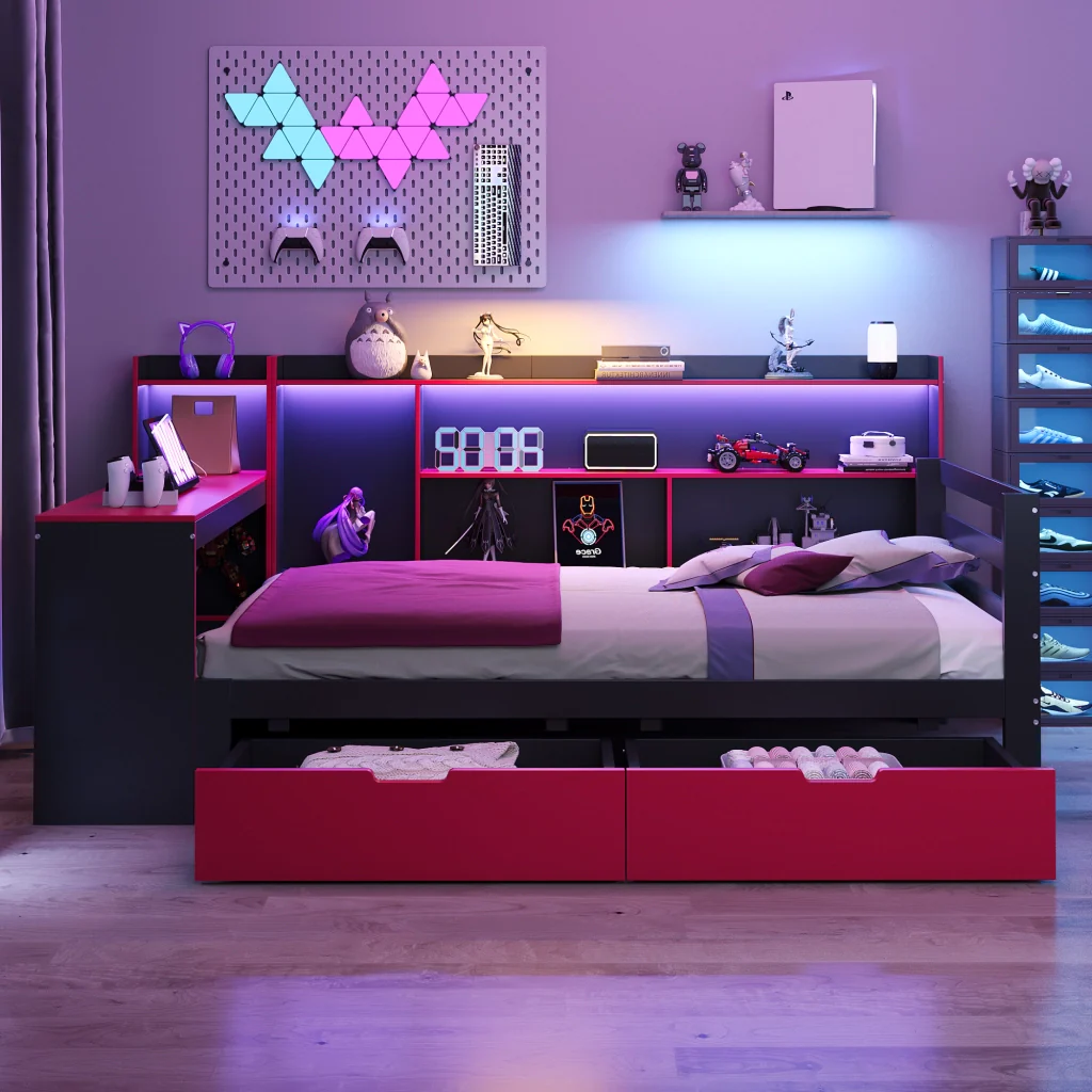 Divano letto in legno 90 x 200 cm nero+rosso scrivania scaffali riporzione illuminazione e prese integrate - Image 3