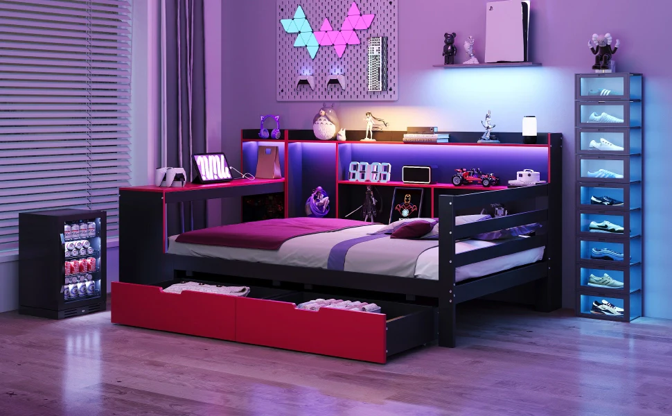 Divano letto in legno 90 x 200 cm nero+rosso scrivania scaffali riporzione illuminazione e prese integrate - Image 6