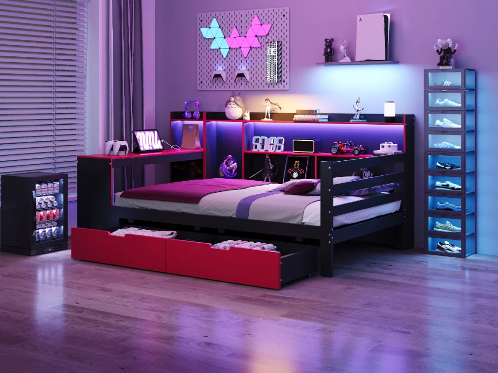 Divano letto in legno 90 x 200 cm nero+rosso scrivania scaffali riporzione illuminazione e prese integrate - Image 7