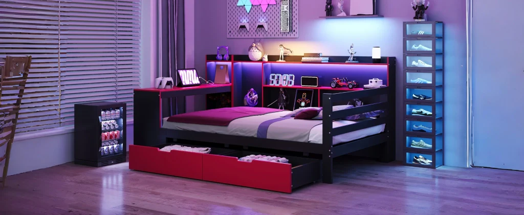 Divano letto in legno 90 x 200 cm nero+rosso scrivania scaffali riporzione illuminazione e prese integrate - Image 8