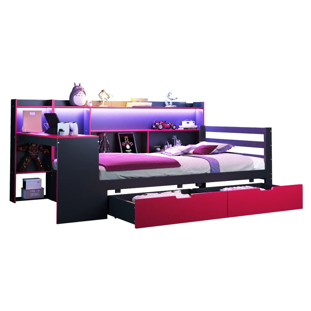 Divano letto in legno 90 x 200 cm nero+rosso scrivania scaffali riporzione illuminazione e prese integrate - Image 9