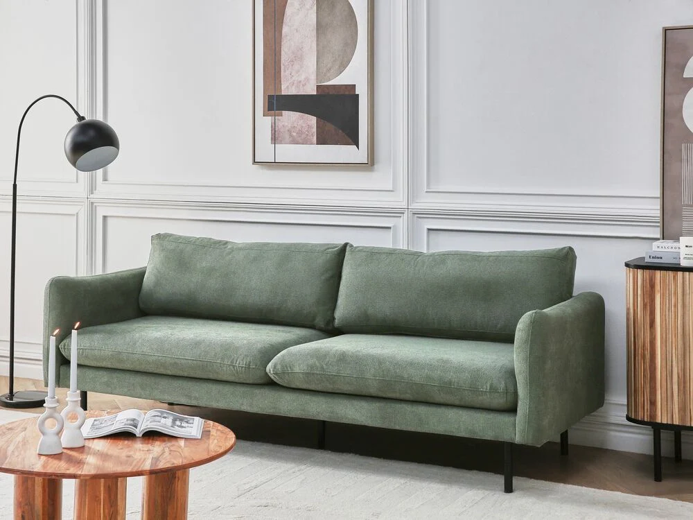 Divano moderno a 3 posti in tessuto di ciniglia verde chiaro sedile imbottito gambe nere Stile Retrò Moderno - Image 4