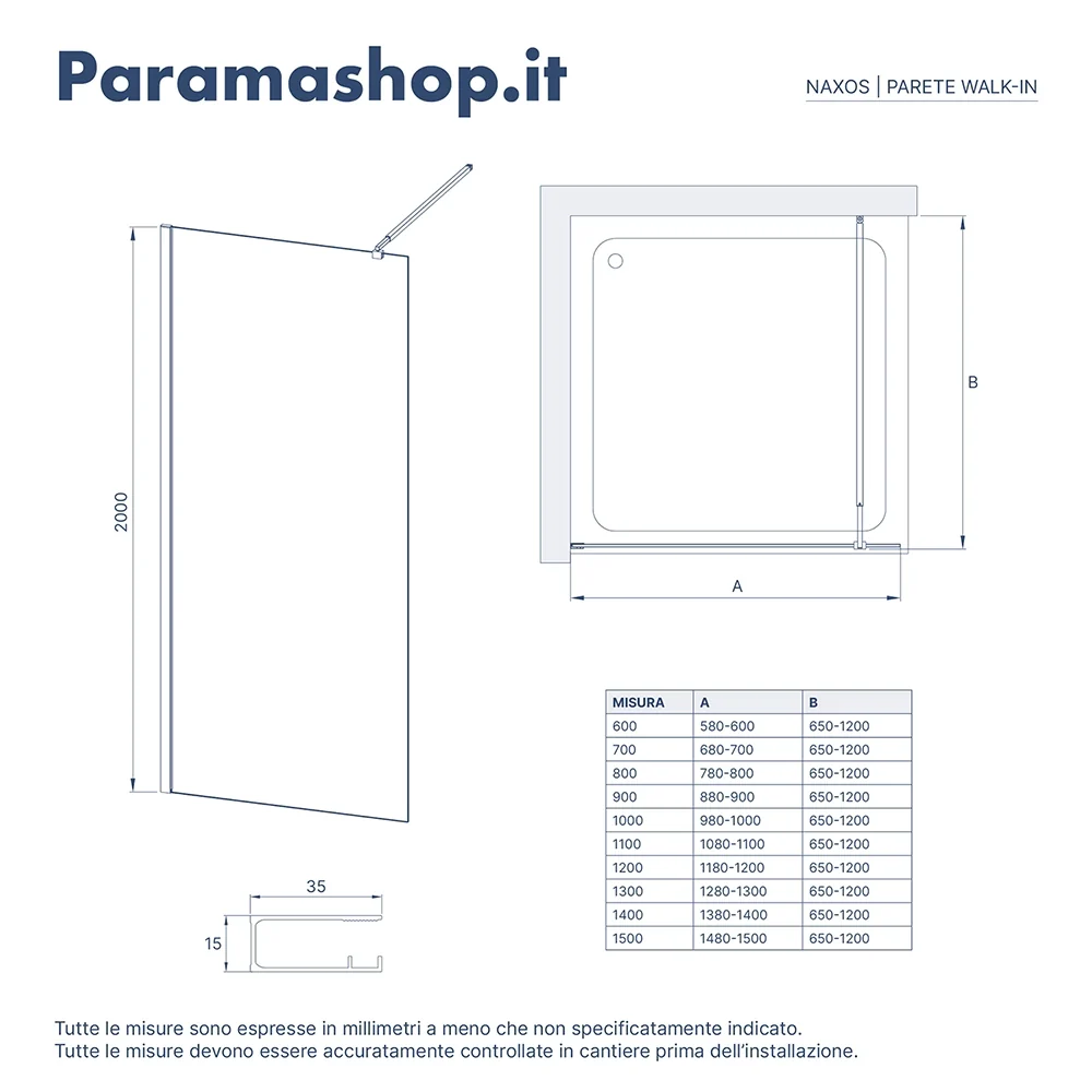 Doccia walk-in 100cm vetro temperato fumé 10mm fumé profili neri | Naxos - Image 3