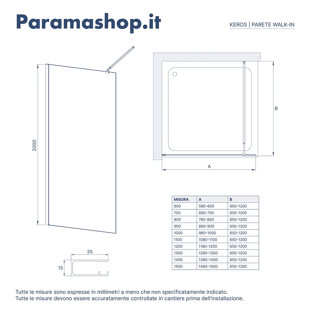 Doccia walk-in 90 cm vetro 8mm anticalcare opaco h200 profili cromo | Keros - Image 2