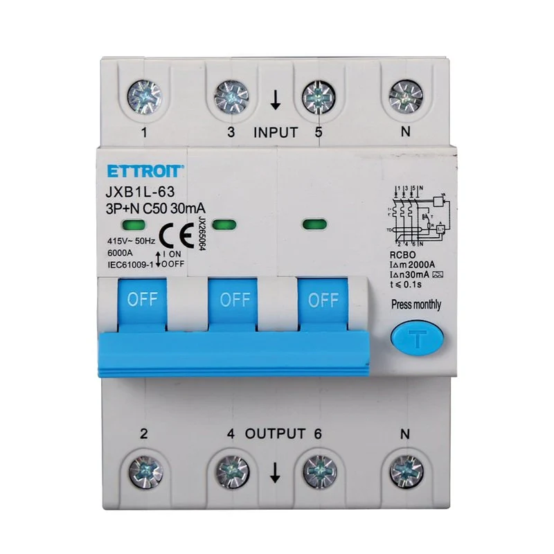 RCBO Interruttore Magnetotermico Differenziale Tipo A Curva C 3P+N 4M 6000A 30mA C50A AC 400V IP20 IEC61009-1