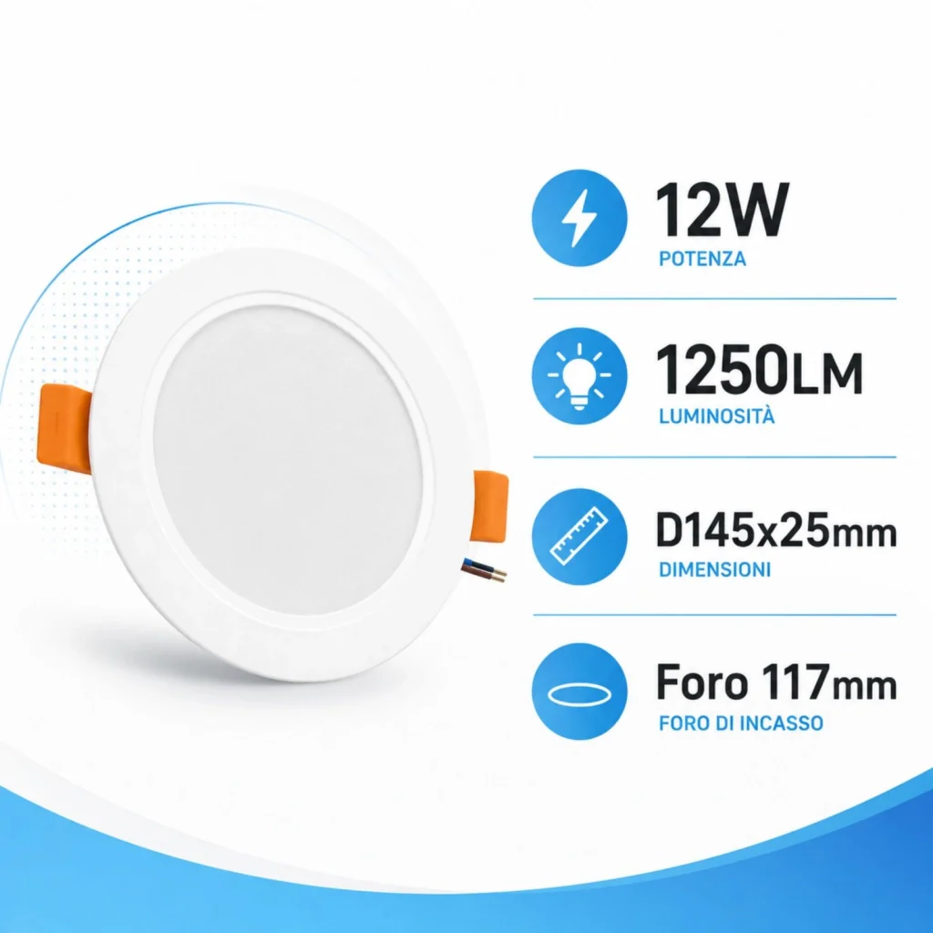 Faretto Led da Incasso CCT 12W 1250lm, D145X25mm, Foro 117mm, 3 Colori 3000K 4200K 6500K Angolo 120° IP20 - Image 2