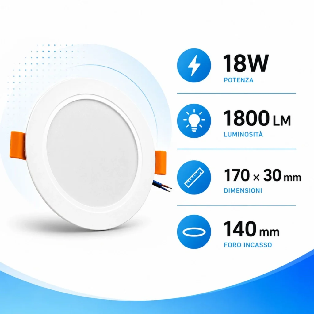Faretto Led da Incasso CCT 18W 1800lm, D170X30mm, Foro 140mm, 3 Colori 3000K 4200K 6500K Angolo 120° IP20 - Image 2