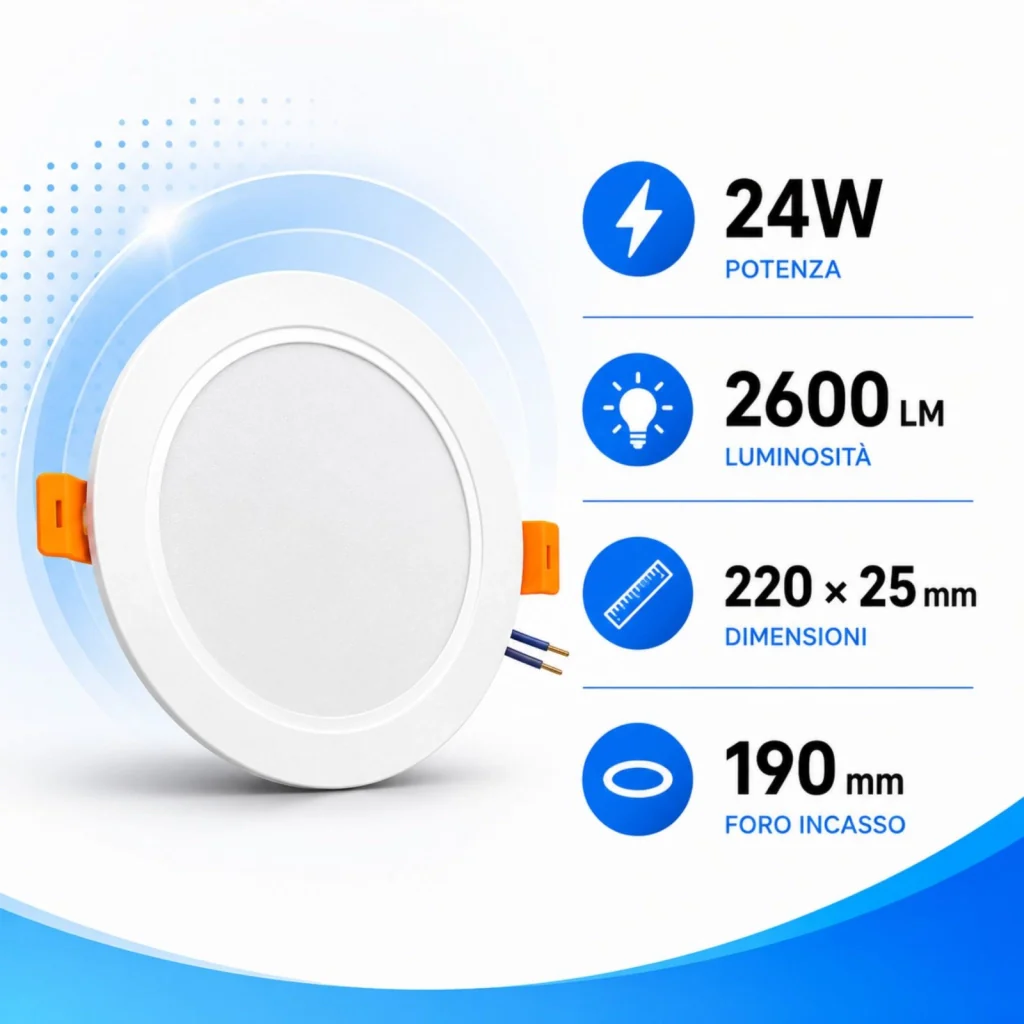 Faretto Led da Incasso CCT 24W 2600lm, D220X25mm, Foro 190mm, 3 Colori 3000K 4200K 6500K Angolo 120° IP20 - Image 2
