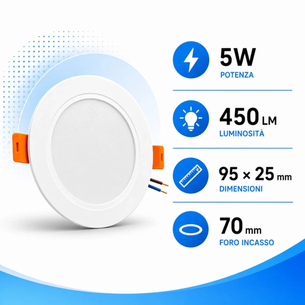 Faretto Led da Incasso CCT 5W 450lm, D95X25mm, Foro 70mm, 3 Colori 3000K 4200K 6500K Angolo 120° IP20 - Image 2