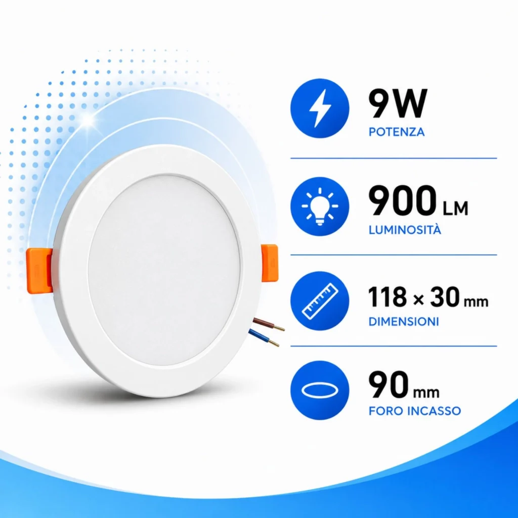 Faretto Led da Incasso CCT 9W 900lm, D118X30mm, Foro 90mm, 3 Colori 3000K 4200K 6500K Angolo 120° IP20 - Image 2