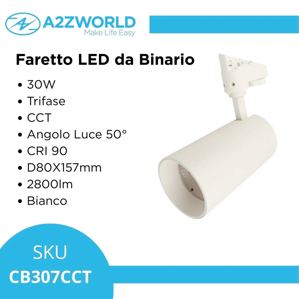 Faro Lampada Led A Binario 30W 2800lm Trifase CCT Angolo Luce 50° CRI>90 UGR<19 Carcassa Bianca 3000K 4000K 6000K 3 In 1 D80X157mm - Image 4