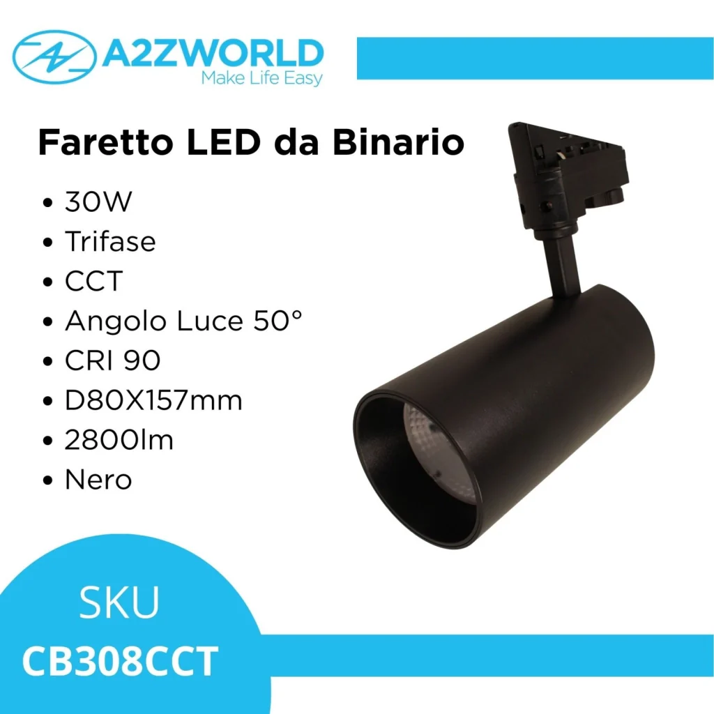 Faro Lampada Led A Binario 30W 2800lm Trifase CCT Angolo Luce 50 Gradi CRI>90 UGR<19 Carcassa Nera 3000K 4000K 6000K 3 In 1 D80X157mm - Image 4