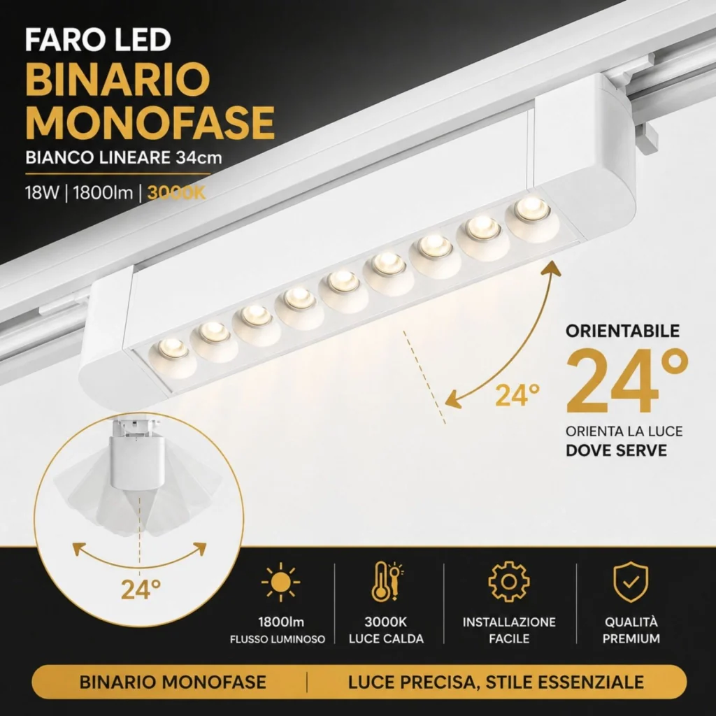 Faro Led Binario Monofase, Bianco Lineare 34cm 18W 1800lm 24° Orientabile, Disponibili 3000K 4000K (Bianco Caldo 3000K) - Image 3