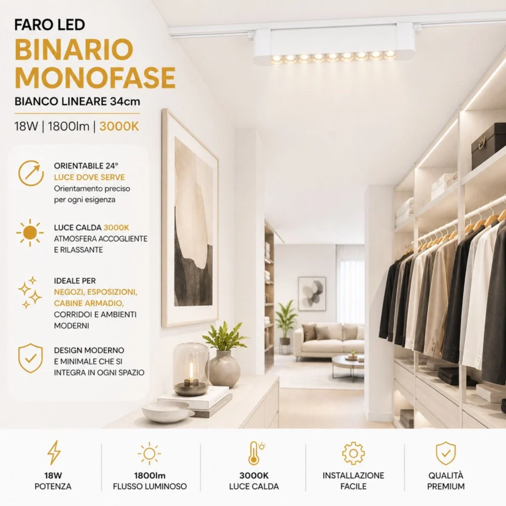 Faro Led Binario Monofase, Bianco Lineare 34cm 18W 1800lm 24° Orientabile, Disponibili 3000K 4000K (Bianco Caldo 3000K) - Image 5