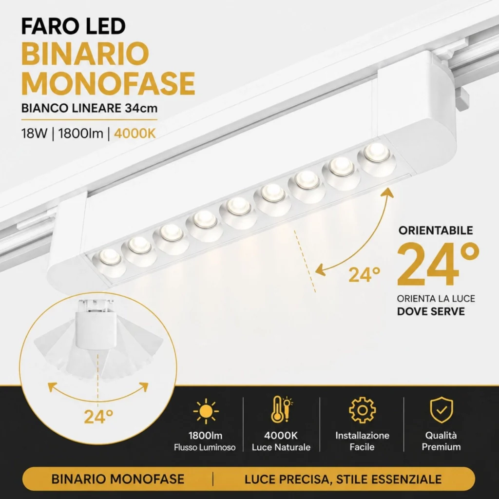 Faro Led Binario Monofase, Bianco Lineare 34cm 18W 1800lm 24° Orientabile, Disponibili 3000K 4000K (Bianco Neutro 4000K) - Image 3