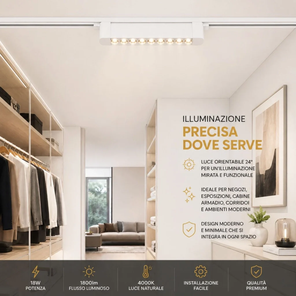 Faro Led Binario Monofase, Bianco Lineare 34cm 18W 1800lm 24° Orientabile, Disponibili 3000K 4000K (Bianco Neutro 4000K) - Image 5