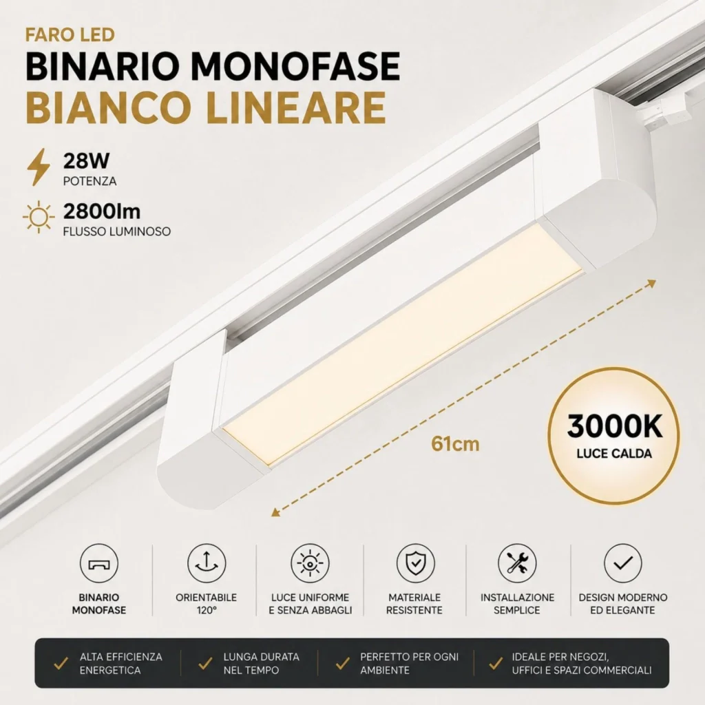 Faro Led Binario Monofase, Bianco Lineare 61cm 28W 2800lm 120° Orientabile, Disponibili 3000K 4000K (Bianco Caldo 3000K) - Image 2