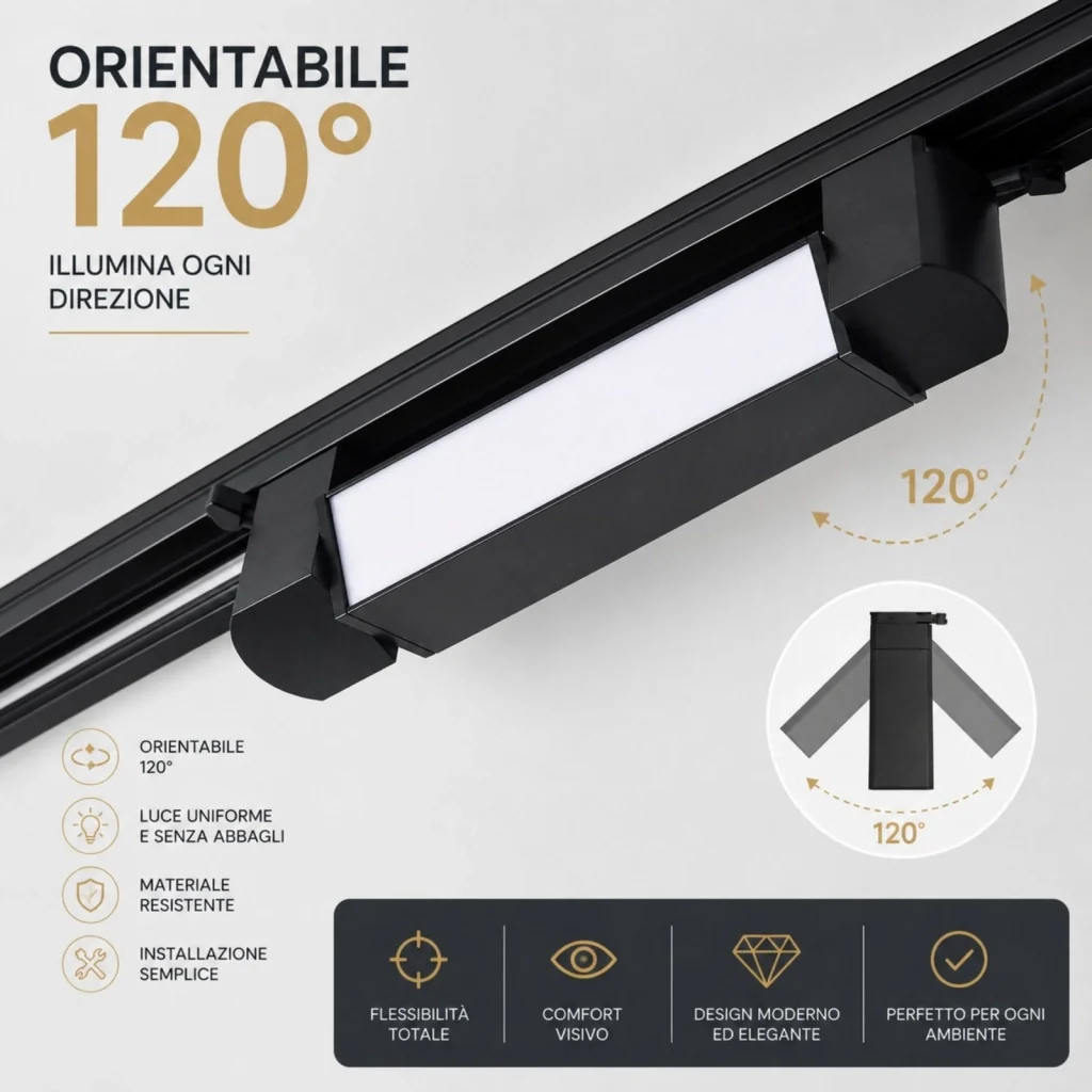 Faro Led Binario Monofase, Nero Lineare 61cm 28W 2800lm 120° Orientabile, Disponibili 3000K 4000K (Bianco Caldo 3000K) - Image 3