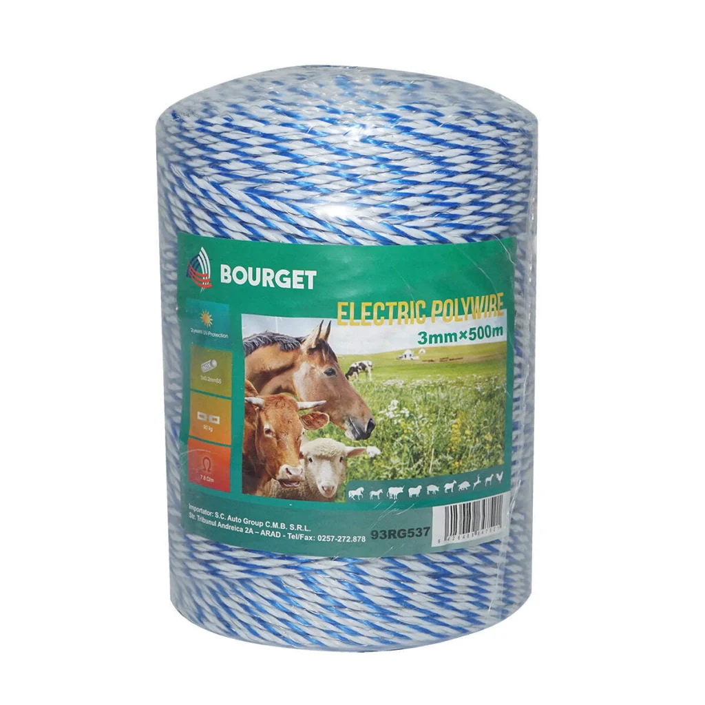 Filo bianco-blu, diametro 3 mm, 3x0.2 mm SS, 500 m per recinzione elettrica, resistenza 7.8 Ohm, Bourget - Image 2