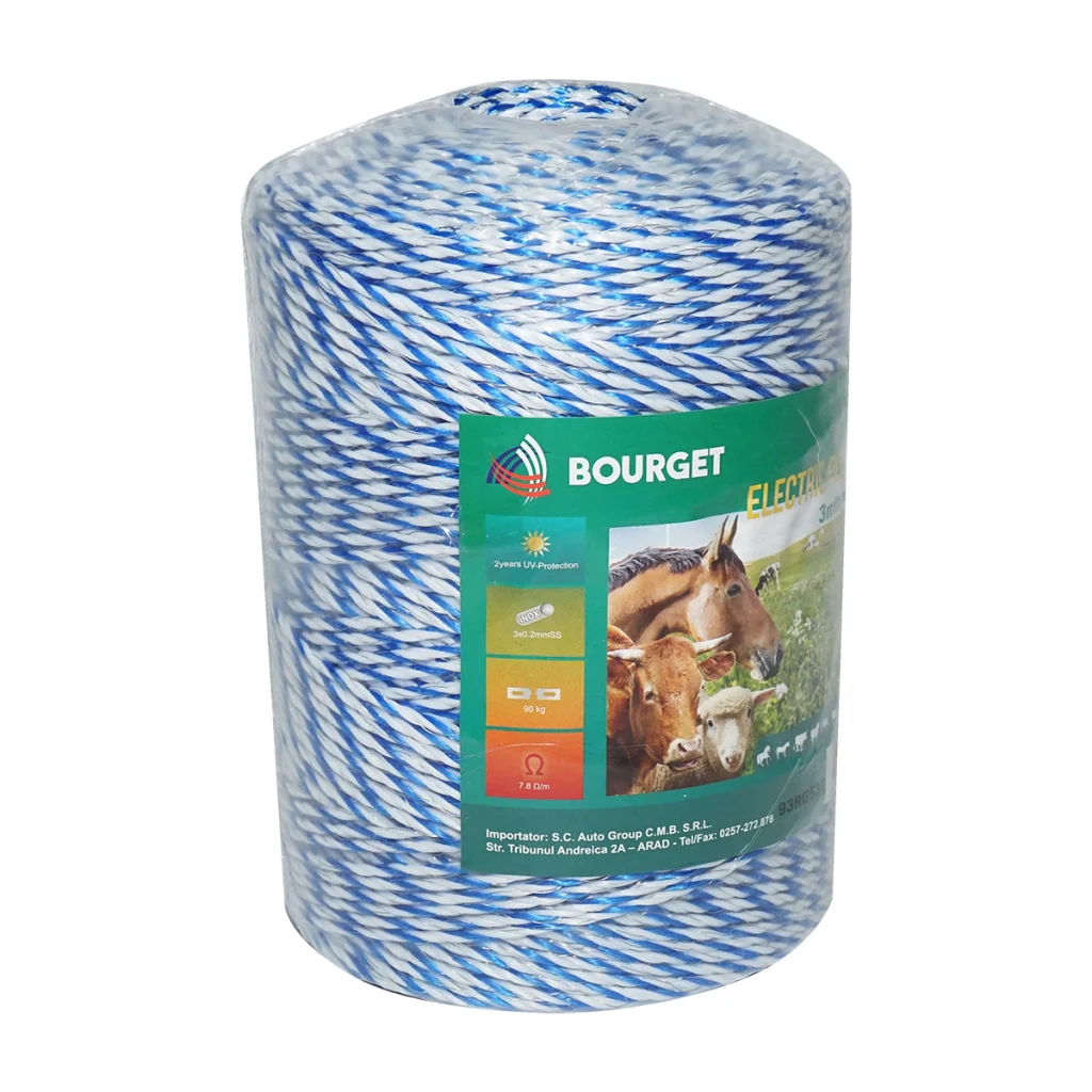 Filo bianco-blu, diametro 3 mm, 3x0.2 mm SS, 500 m per recinzione elettrica, resistenza 7.8 Ohm, Bourget - Image 4